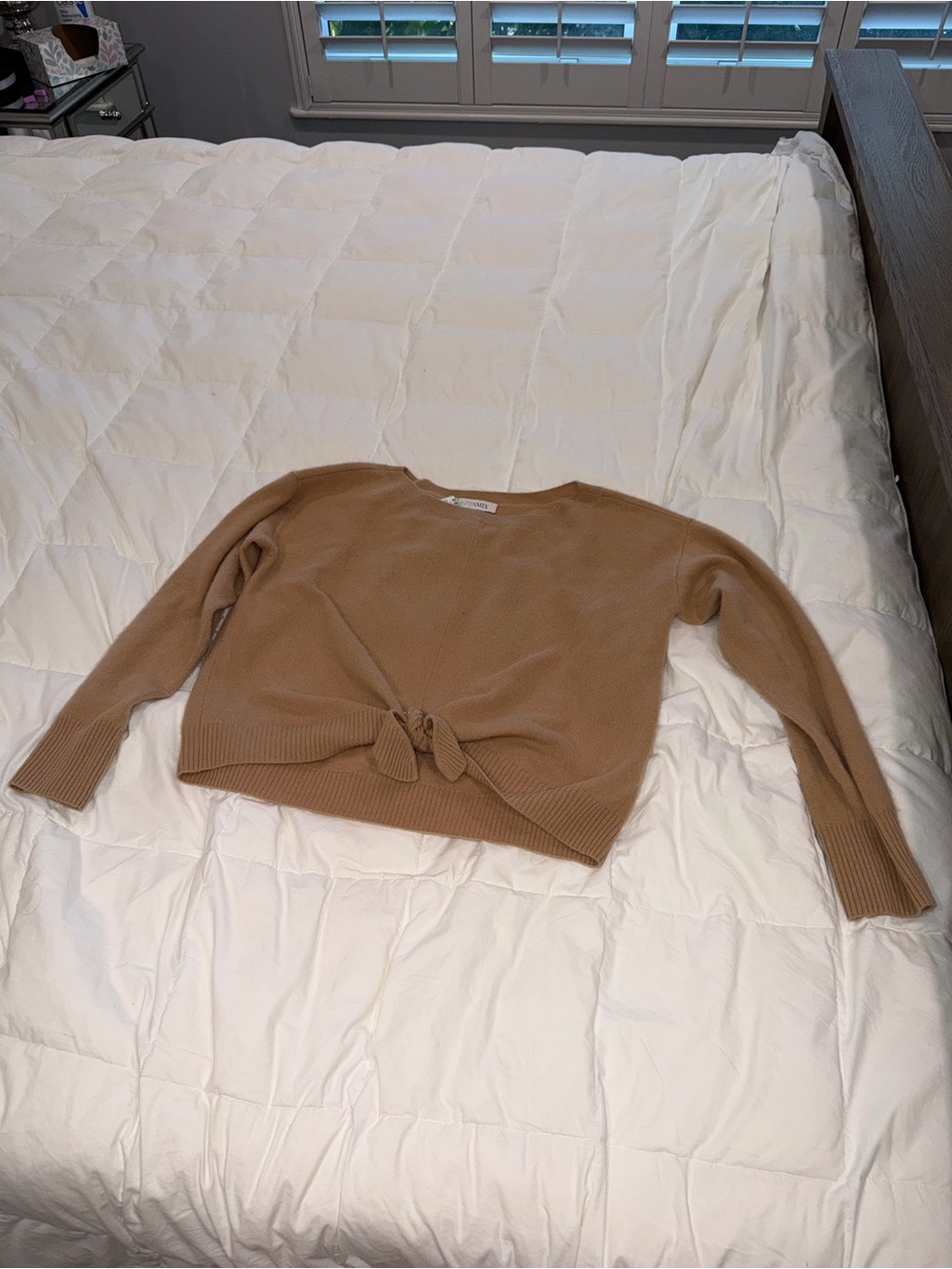 Intermix Knot-Front Cropped Sweater in Camel